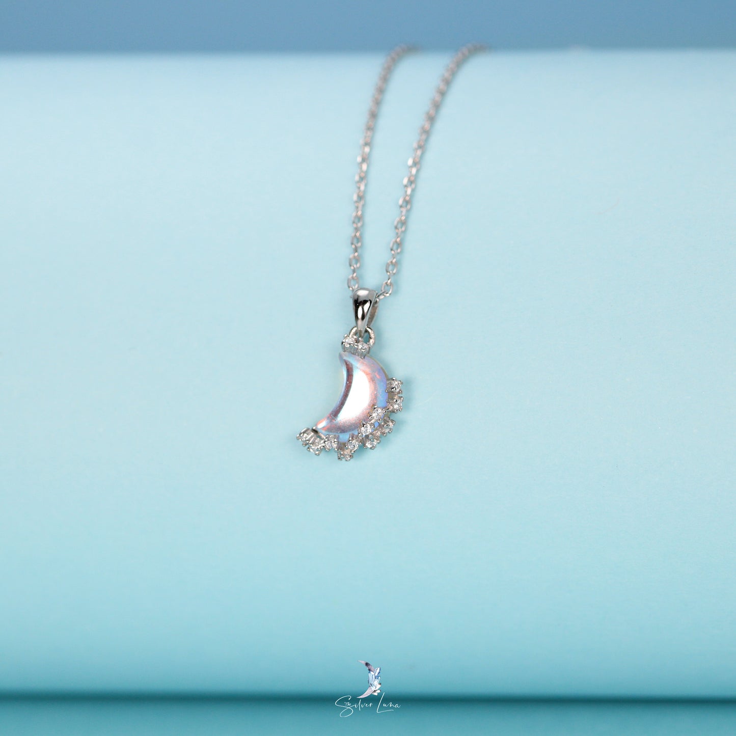 Synthetic moonstone sterling silver pendant necklace