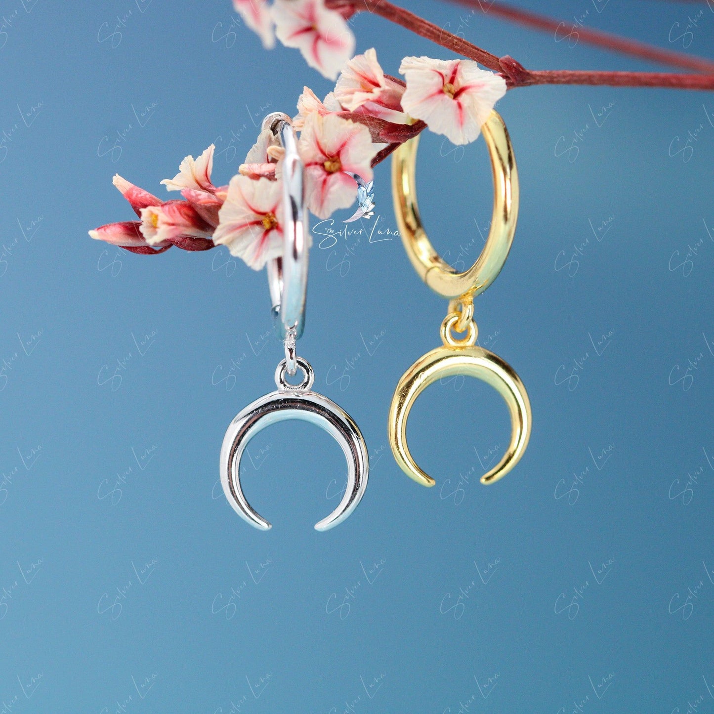 Crescent moon hoop earrings in sterling silver