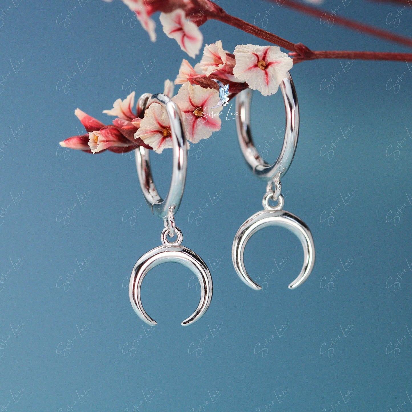 Crescent moon hoop earrings in sterling silver