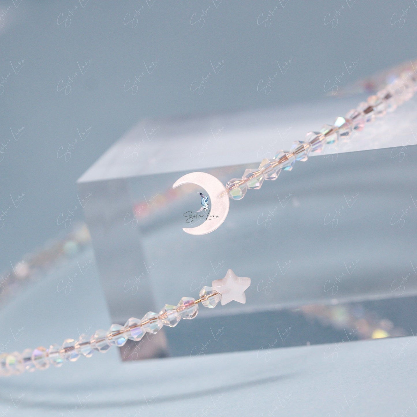 Moon and star crystal bead choker necklace