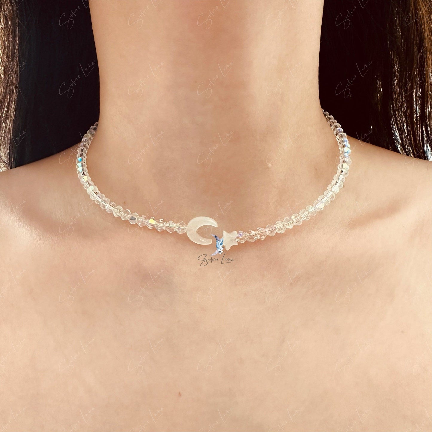 Moon and star crystal bead choker necklace