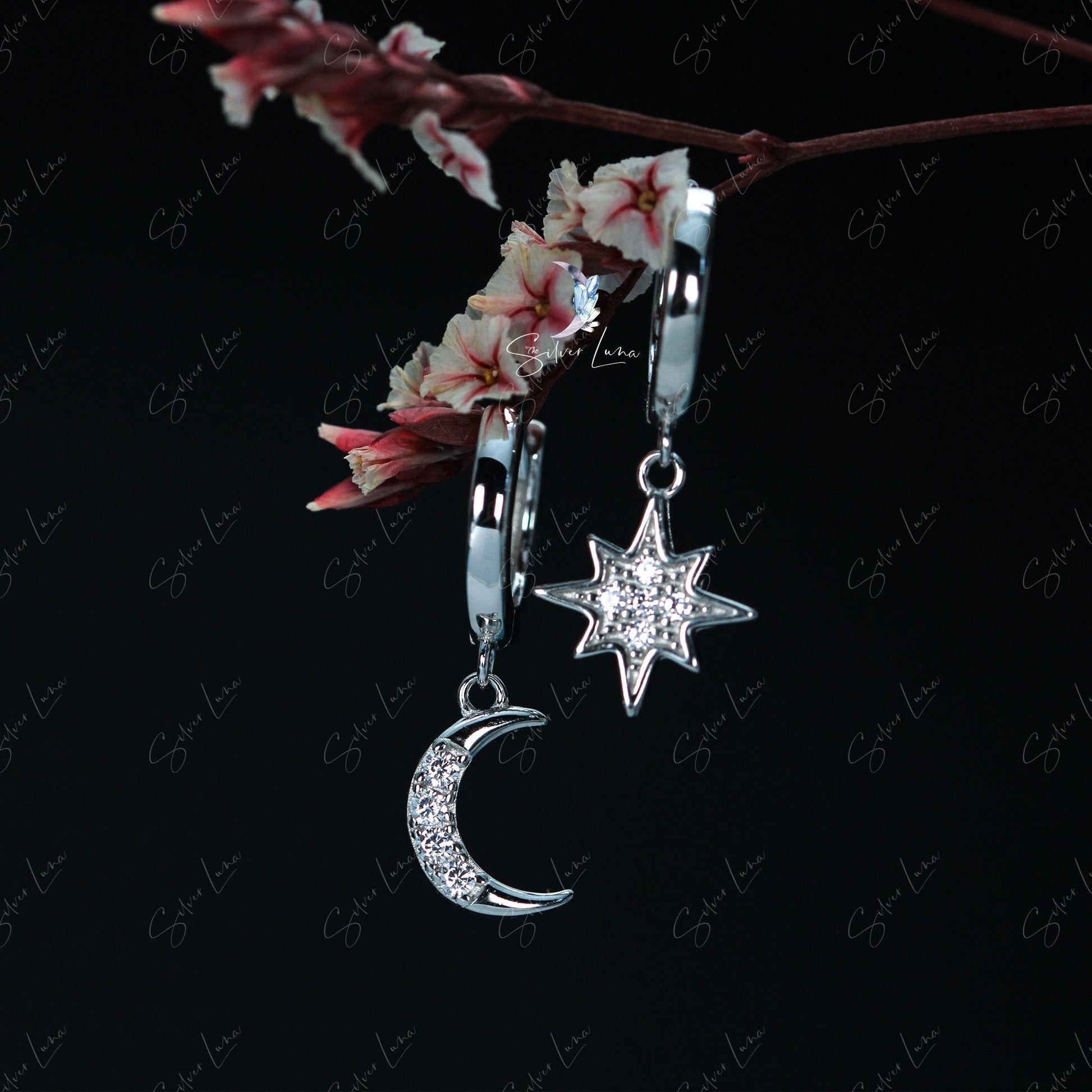 moon star dangle hoop earrings