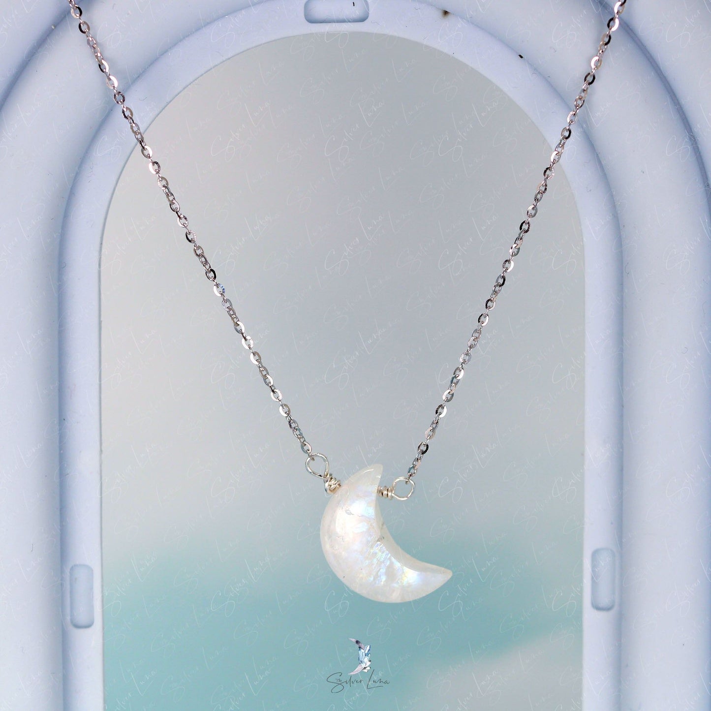 Rainbow moonstone crescent moon pendant necklace