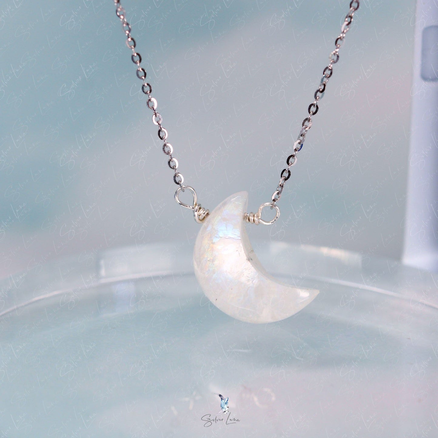 Rainbow moonstone crescent moon pendant necklace