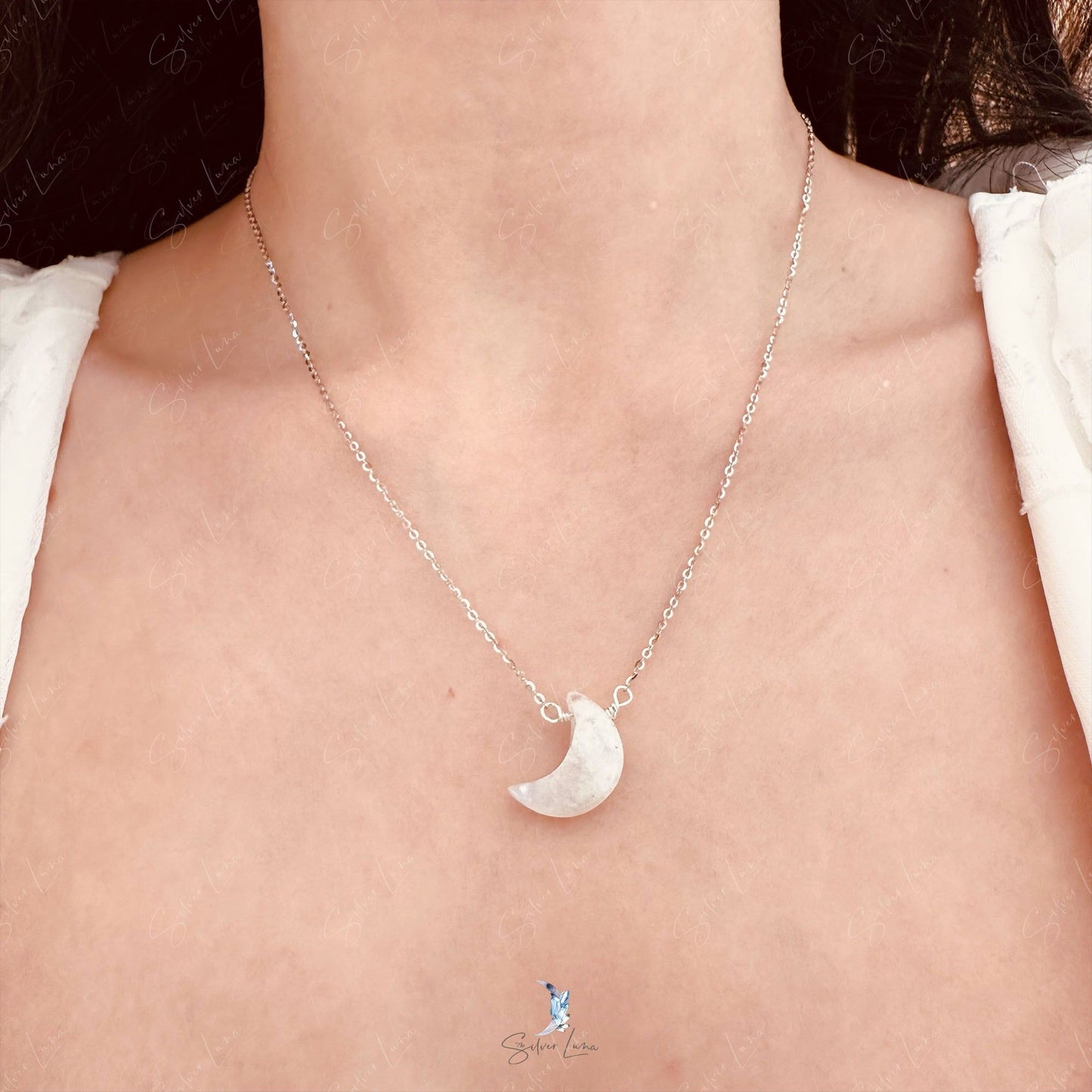Rainbow moonstone crescent moon pendant necklace