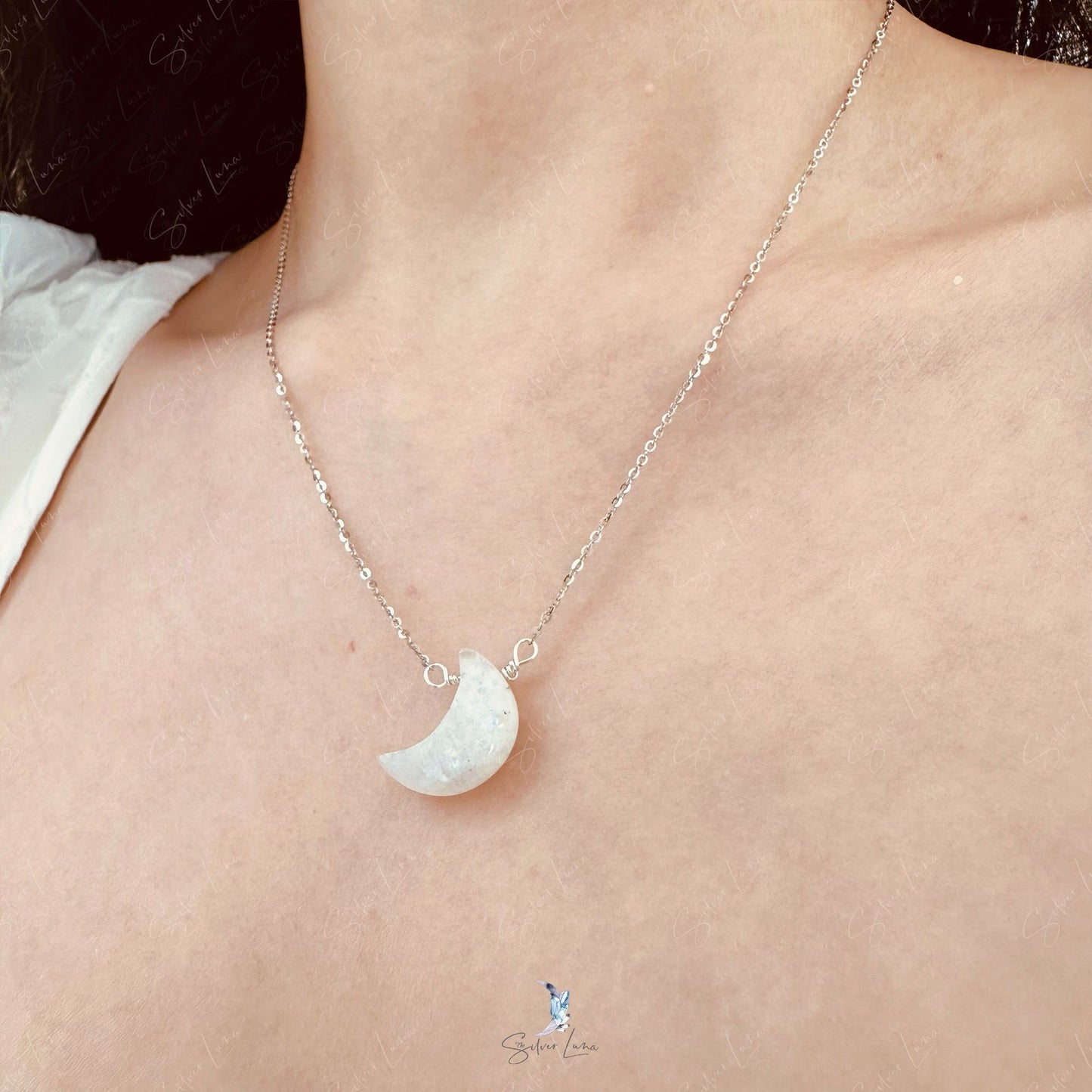 Rainbow moonstone crescent moon pendant necklace