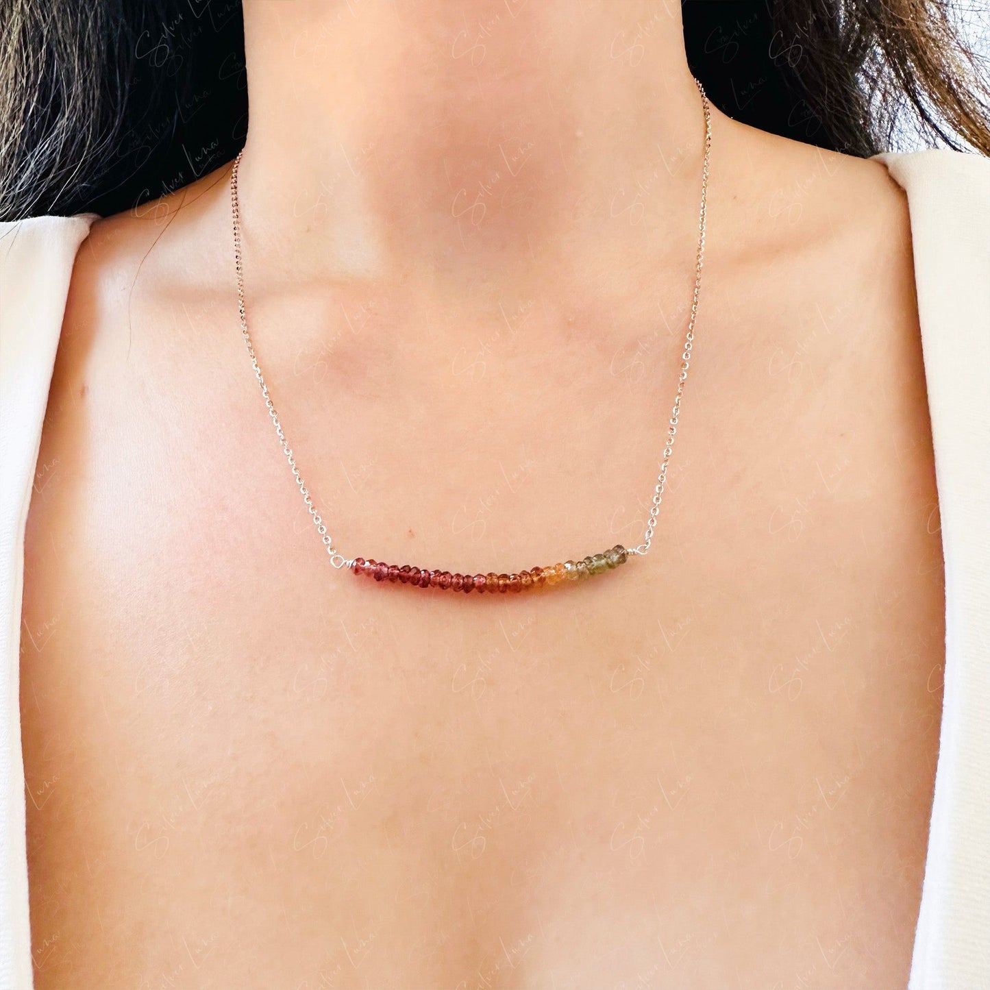 Multi color garnet gemstone row sterling silver pendant necklace