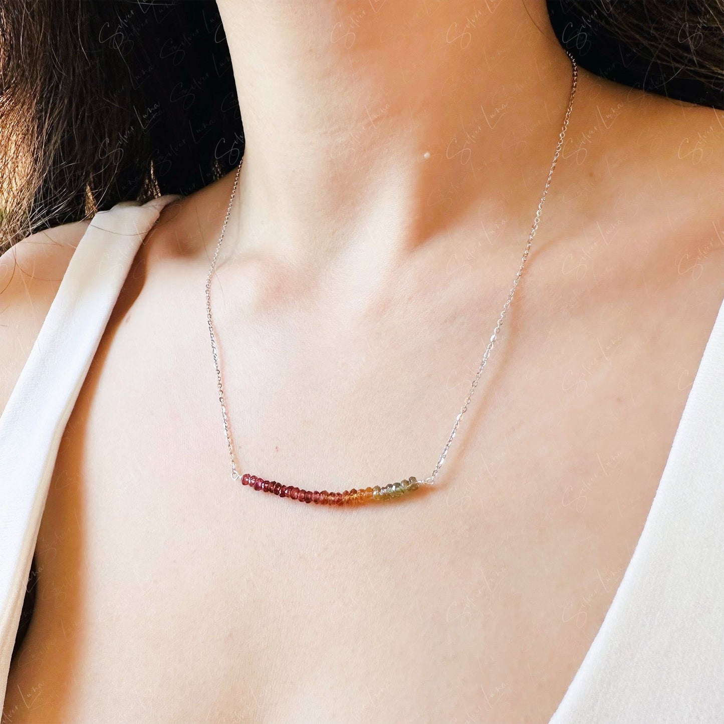 Multi color garnet gemstone row sterling silver pendant necklace