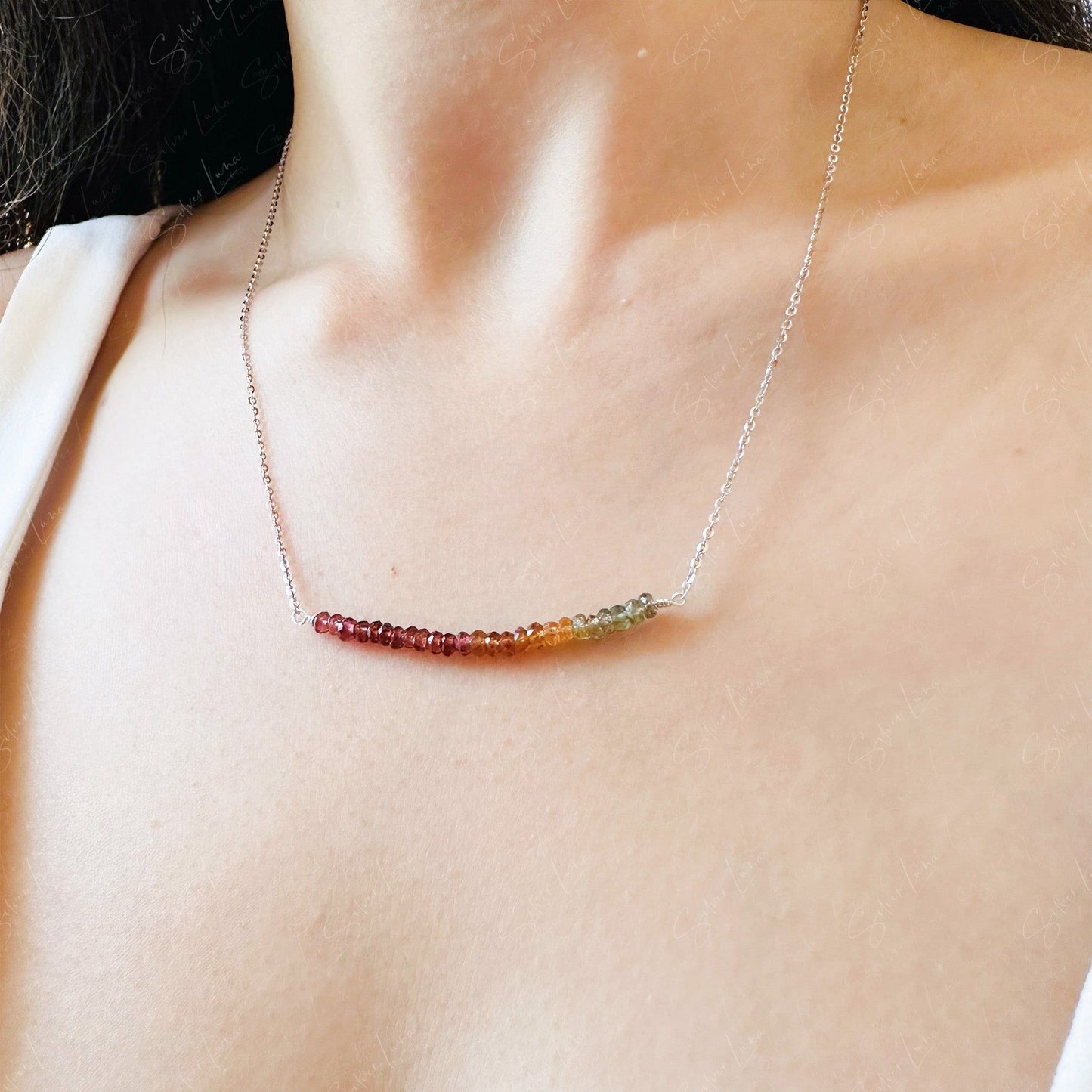 Multi color garnet gemstone row sterling silver pendant necklace