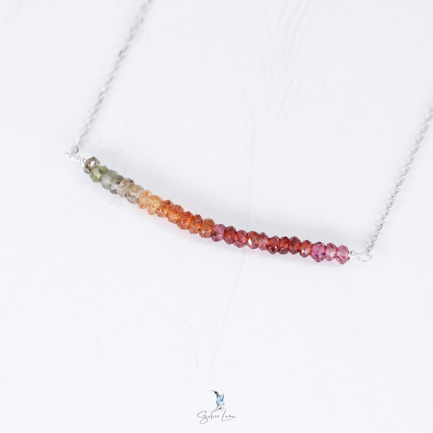 Multi color garnet gemstone row sterling silver pendant necklace