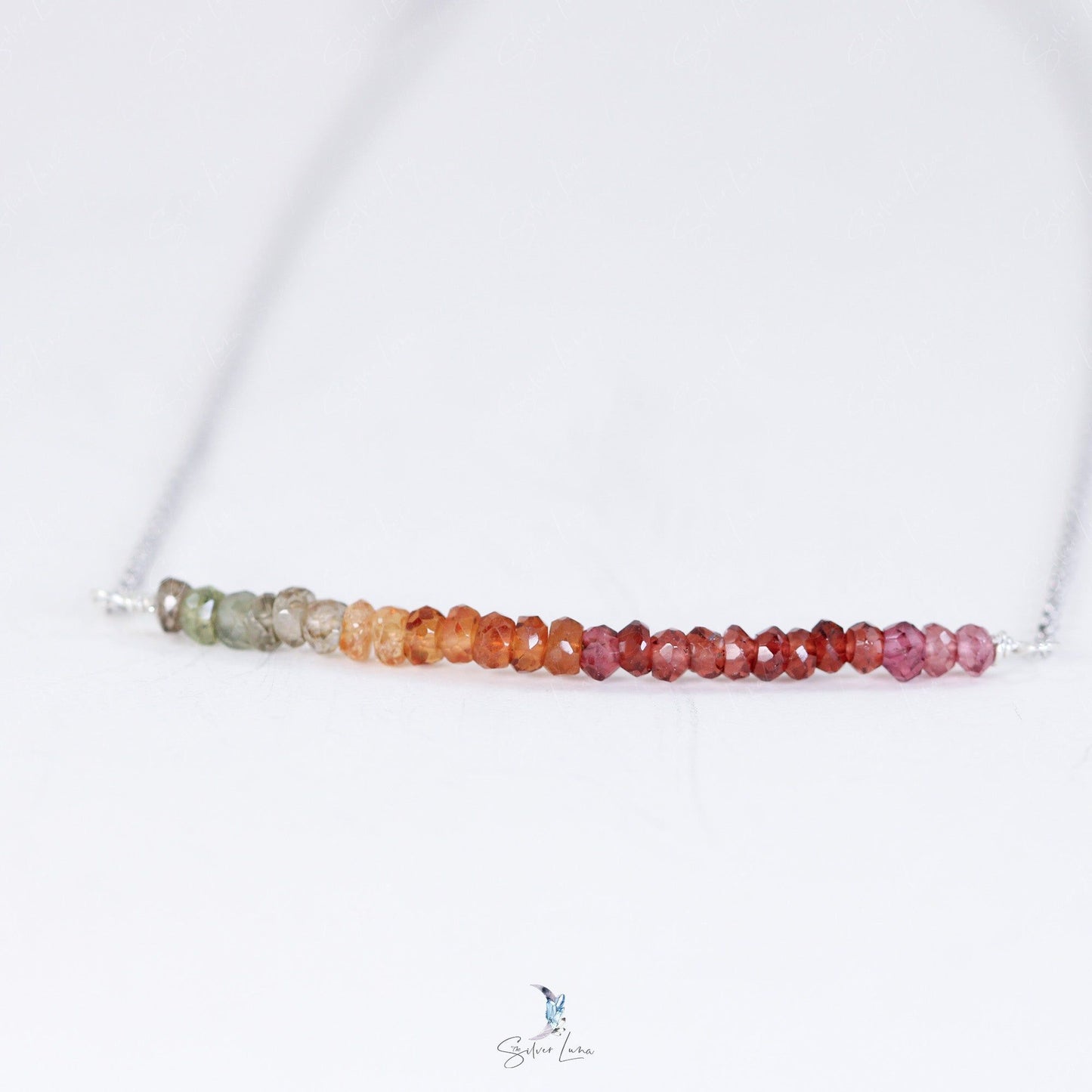Multi color garnet gemstone row sterling silver pendant necklace