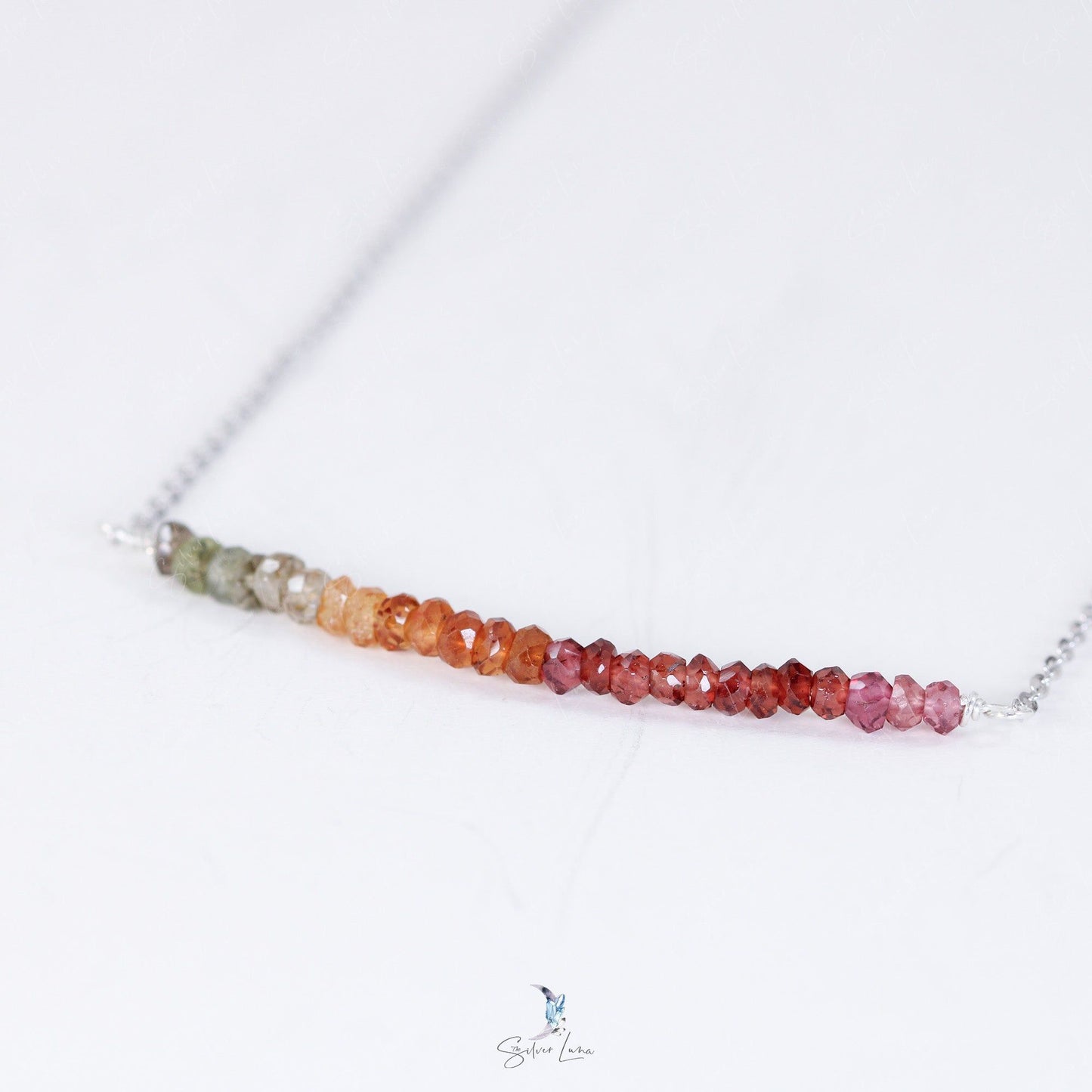 Multi color garnet gemstone row sterling silver pendant necklace