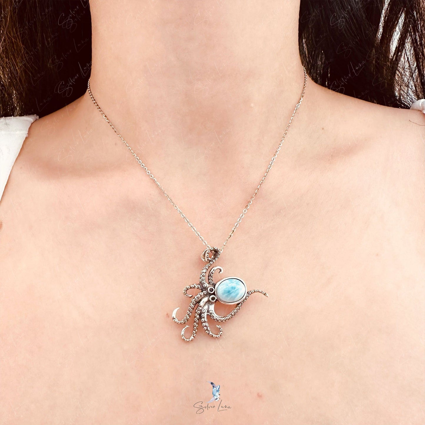 Octopus Larimar sterling silver pendant necklace