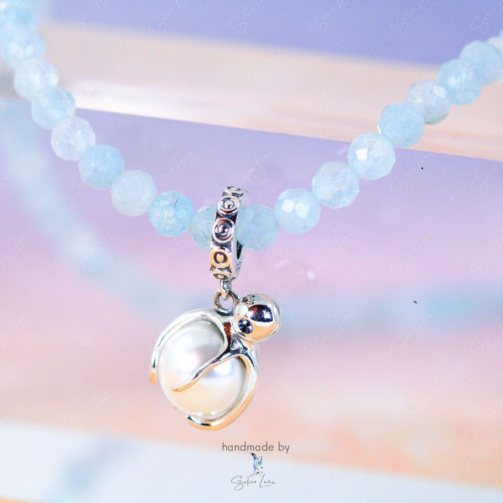 octopus shell pearl aquamarine beaded choker