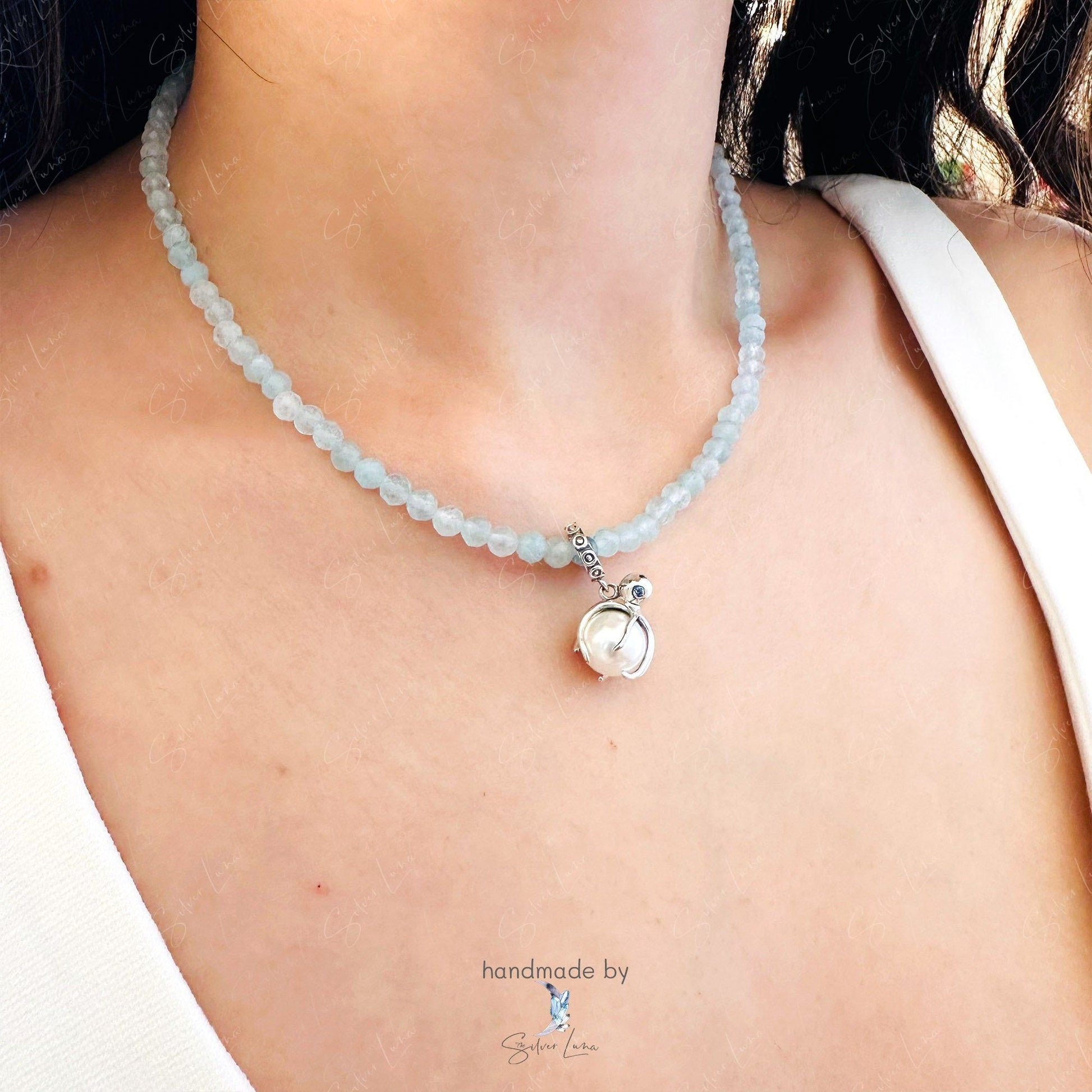 octopus shell pearl Aquamarine beaded choker necklace
