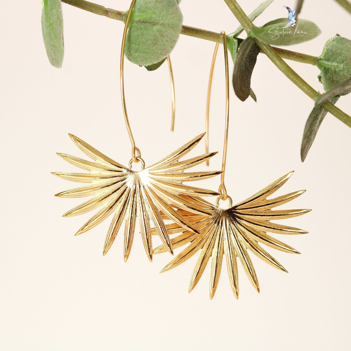 Stainless steel palm tree leaf dangle earrings