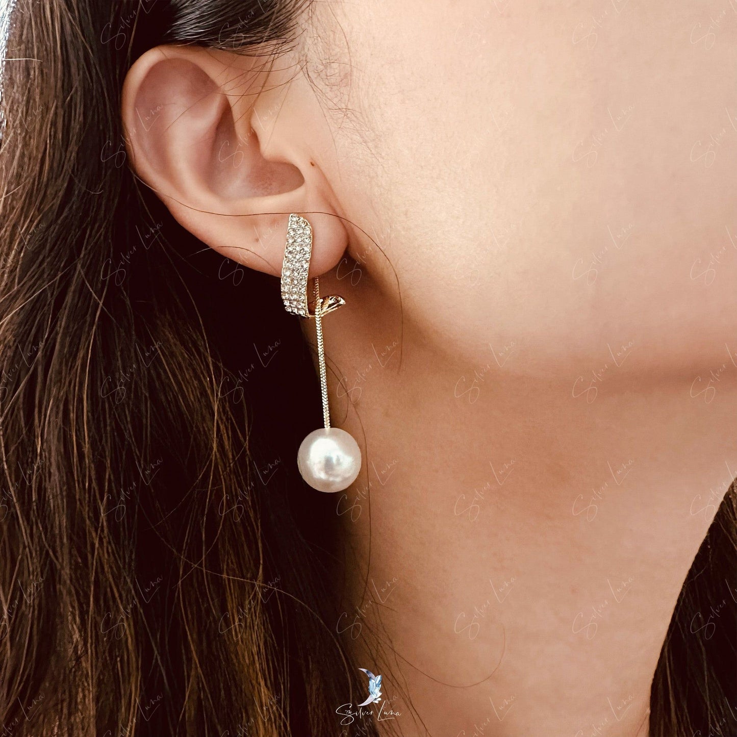 Pearl dangle drop rhinestone fashion earrings