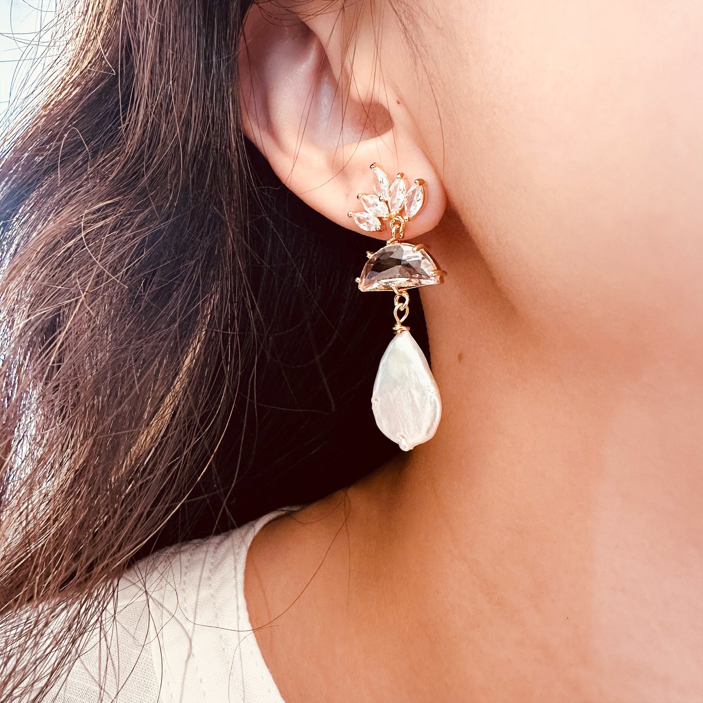 pearl drop lotus flower bridal earrings