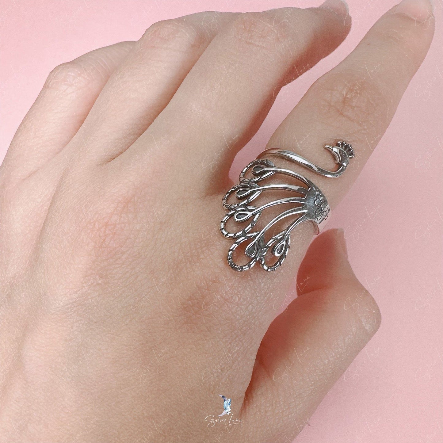 Phoenix Peacock sterling silver adjustable ring