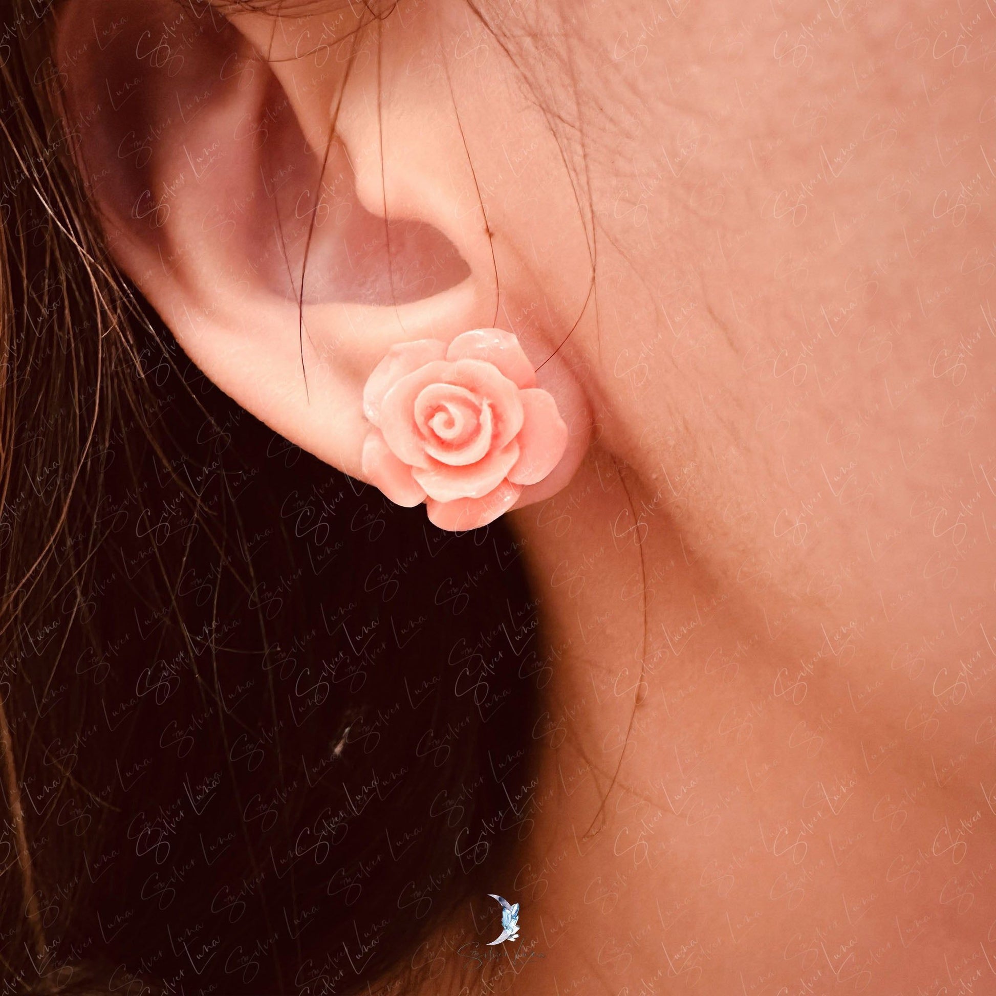 pink rose flower earrings