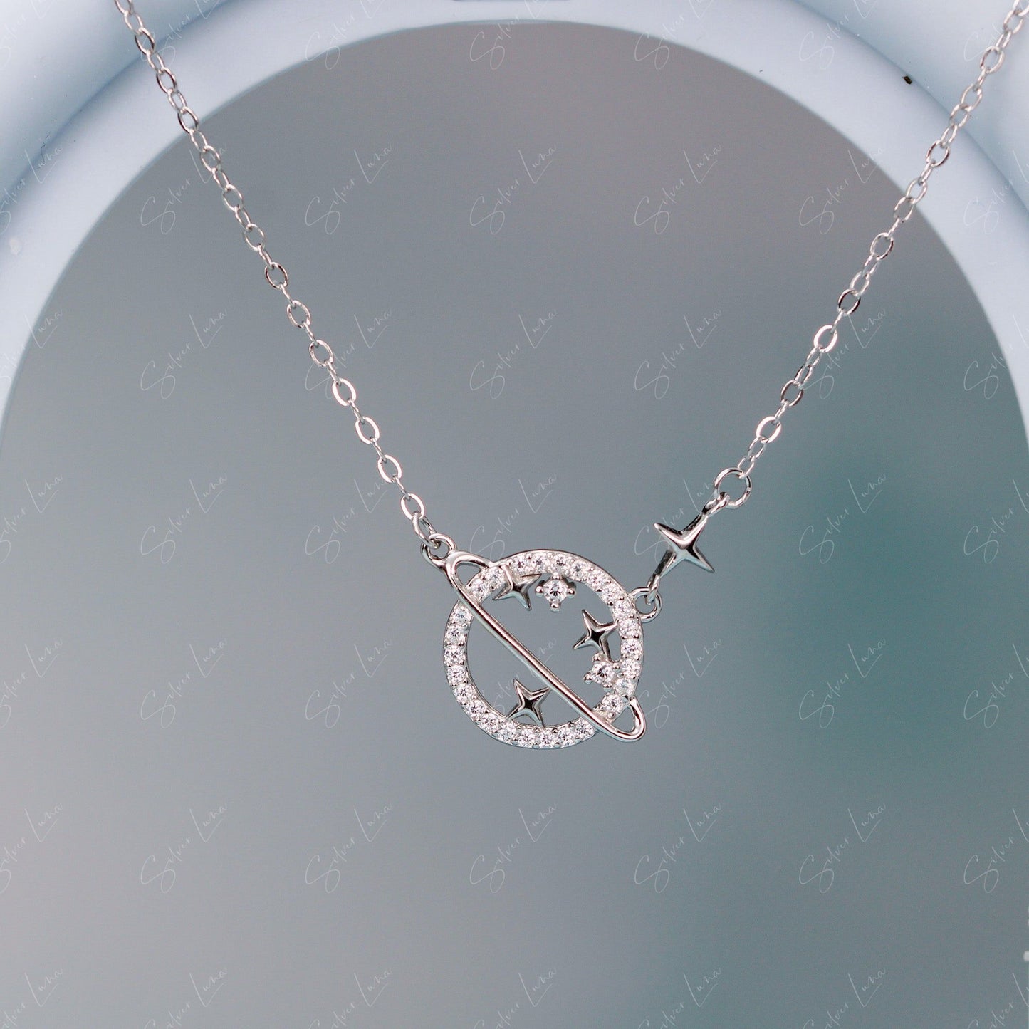 Planet and star pendant silver necklace