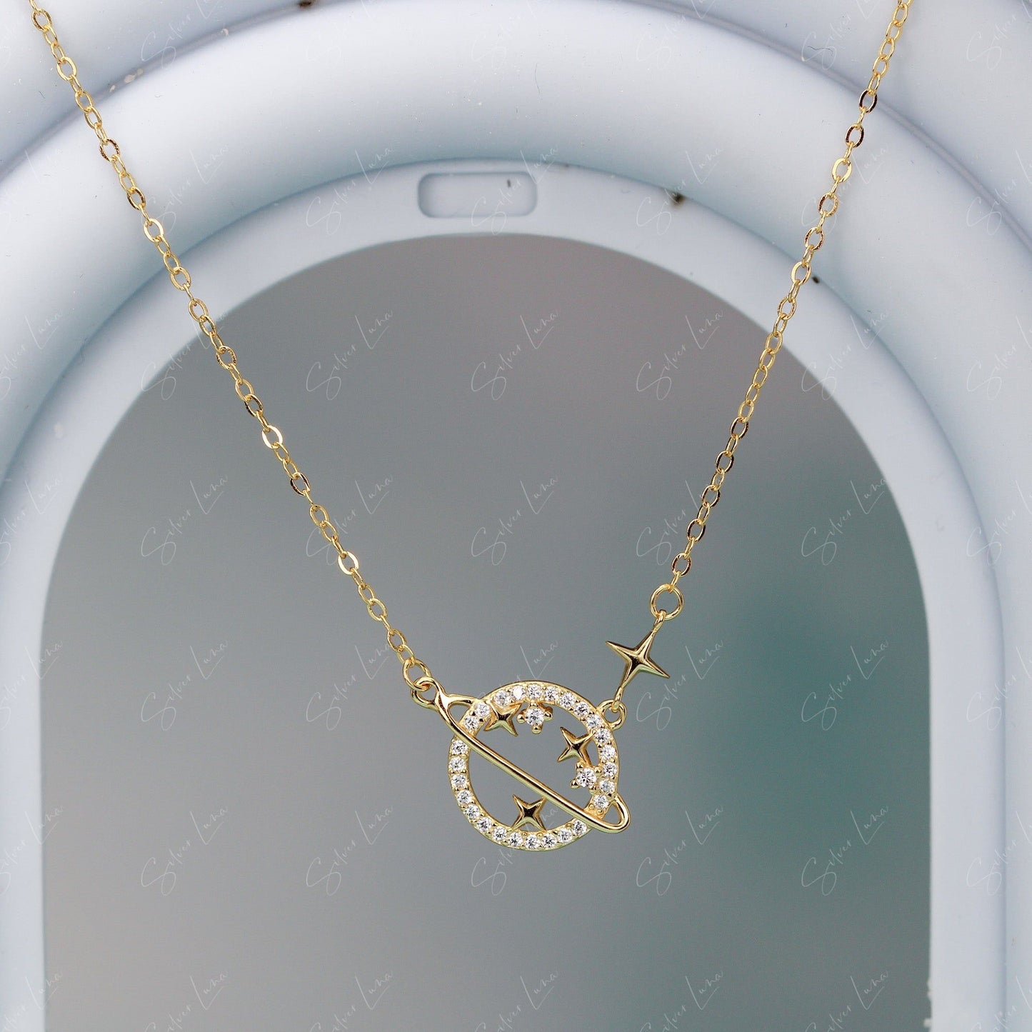 Planet and star pendant silver necklace