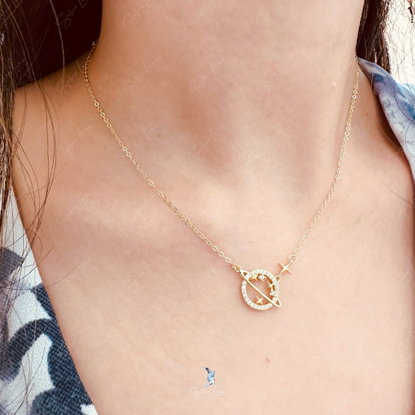 Planet and star pendant silver necklace