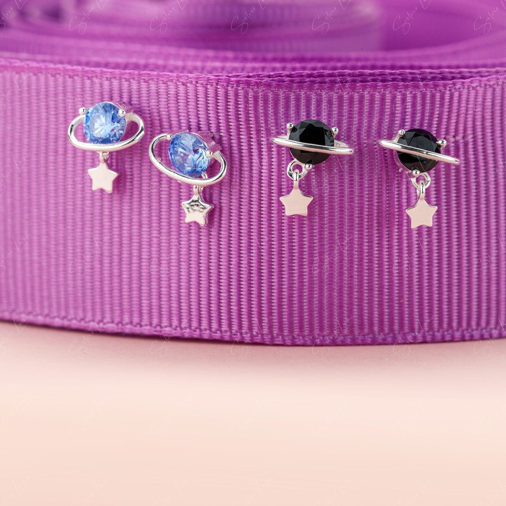 Planet Star Drop Sterling Silver Stud Earrings