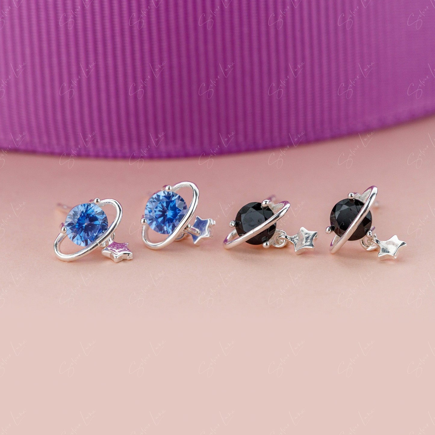 Planet Star Drop Sterling Silver Stud Earrings
