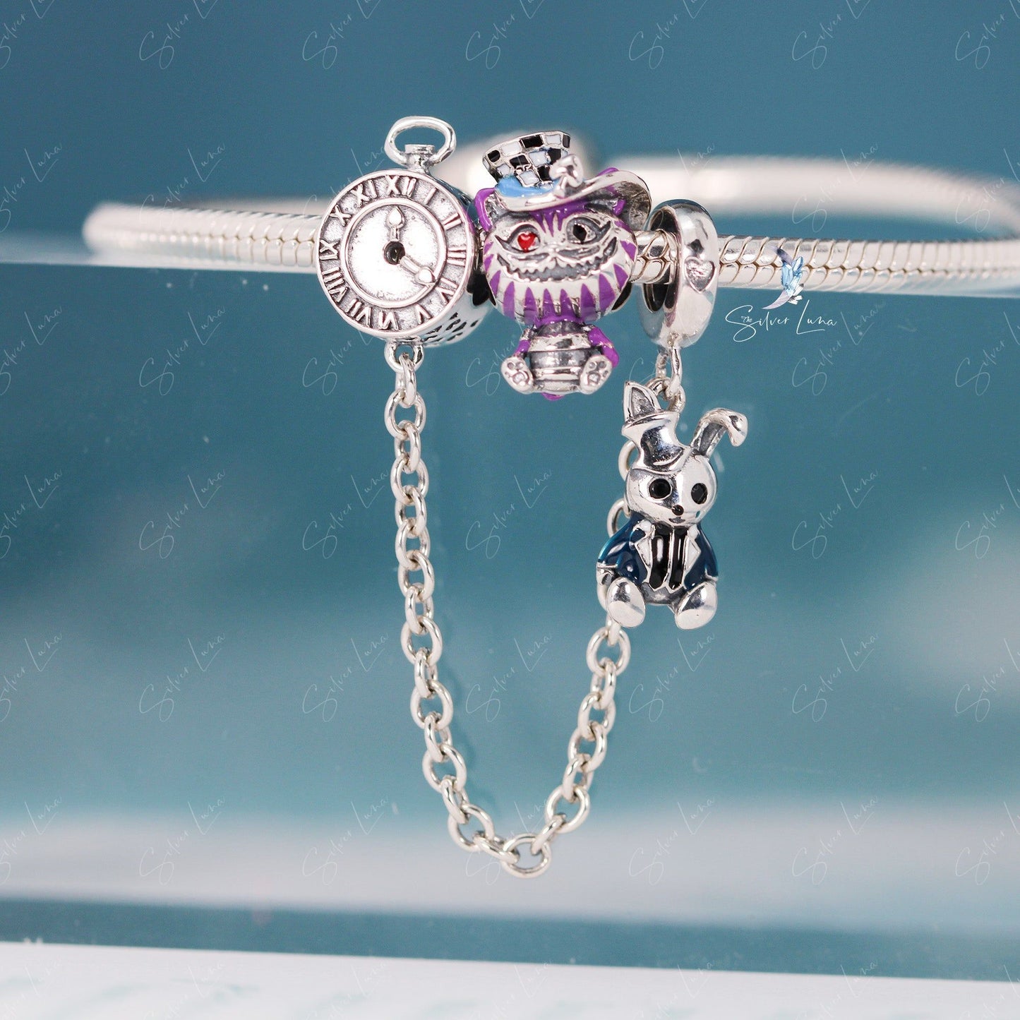 White rabbit and clock security chain for bracelets