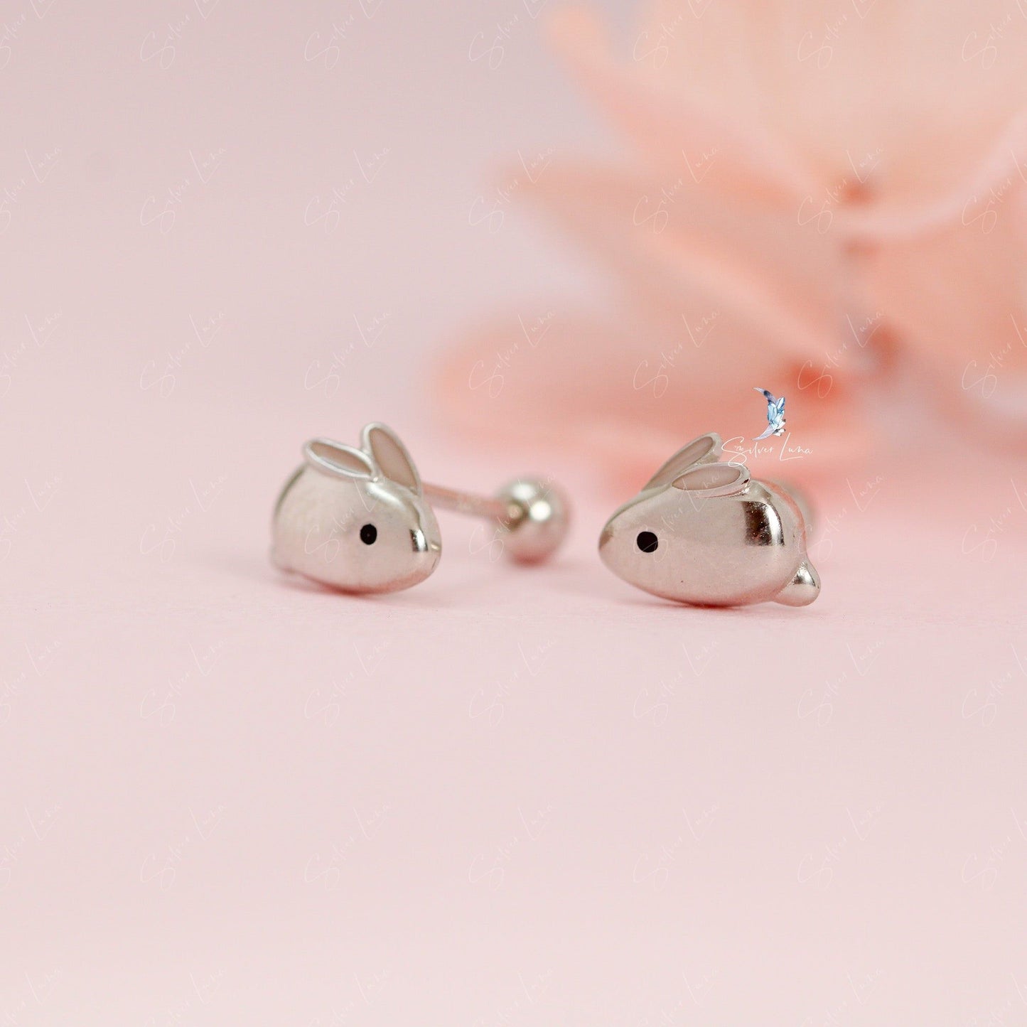 Cute rabbit bunny sterling silver screw back stud earrings