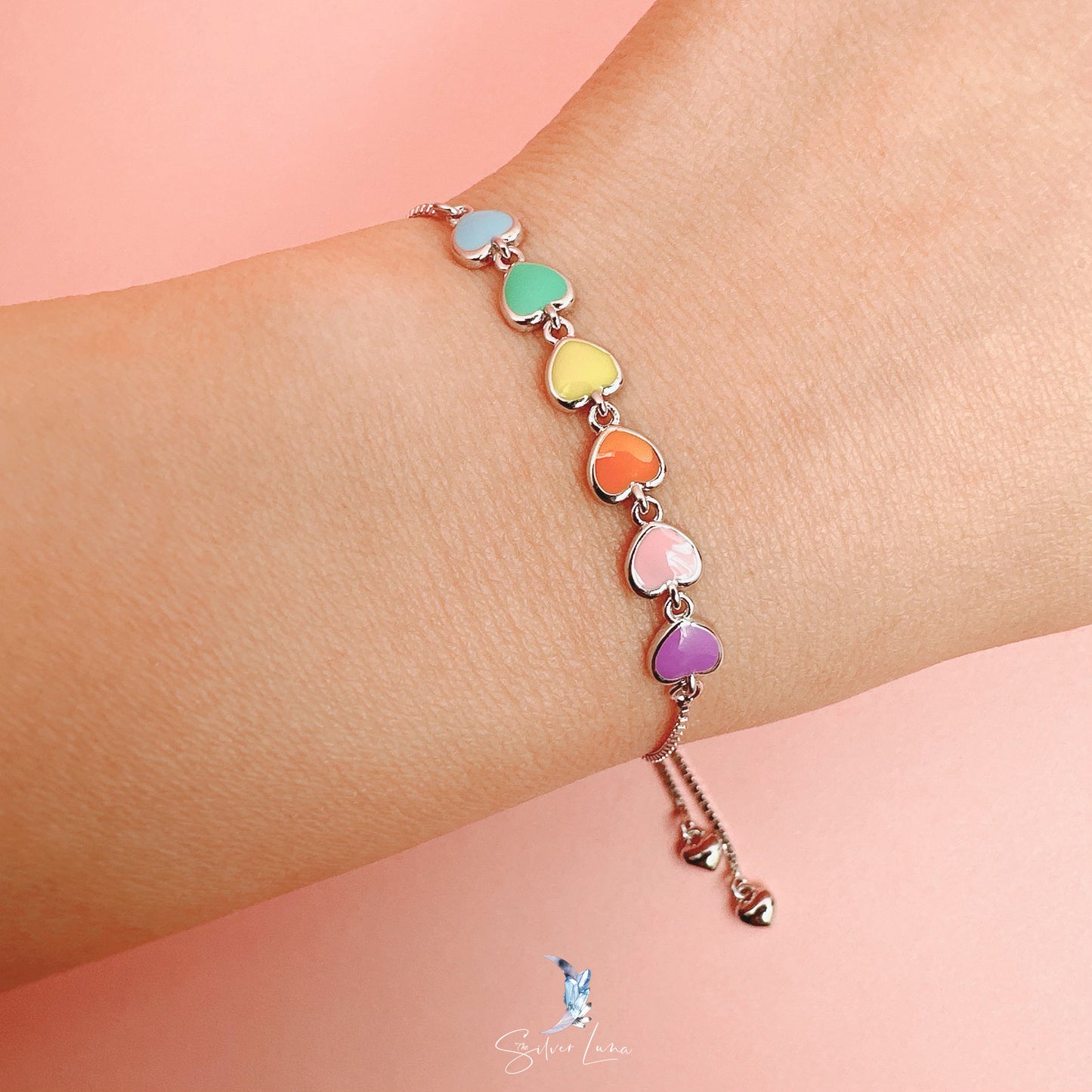 rainbow Valentine heart silver bracelet