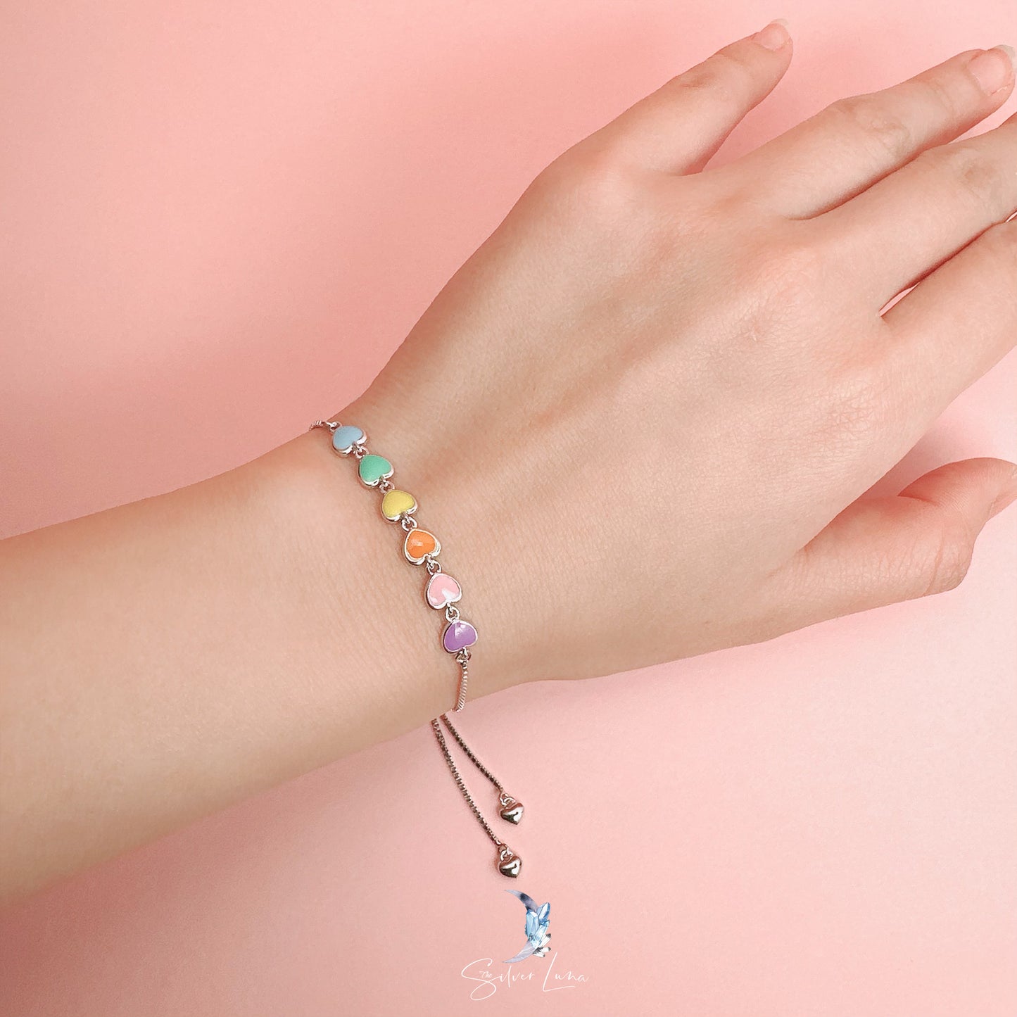 rainbow Valentine heart silver bracelet
