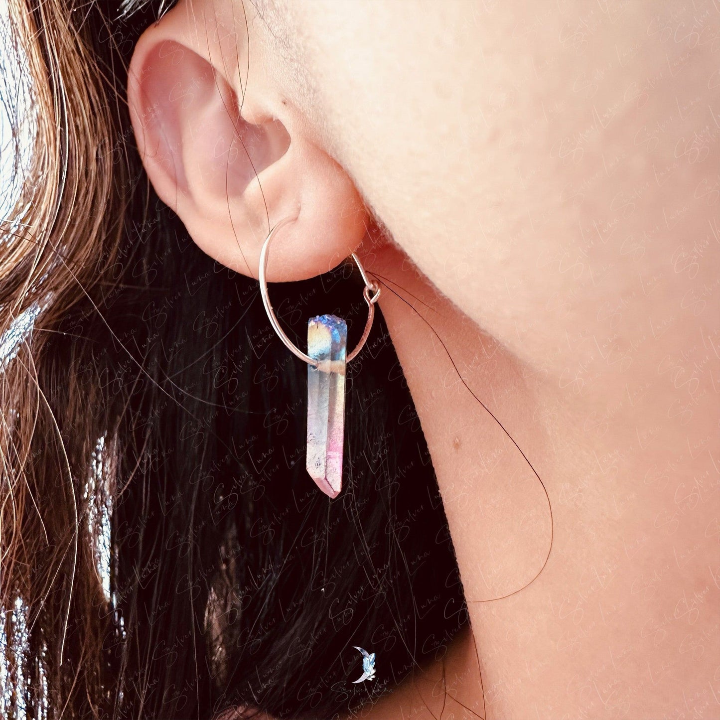 Quartz crystal sterling silver hoop earrings