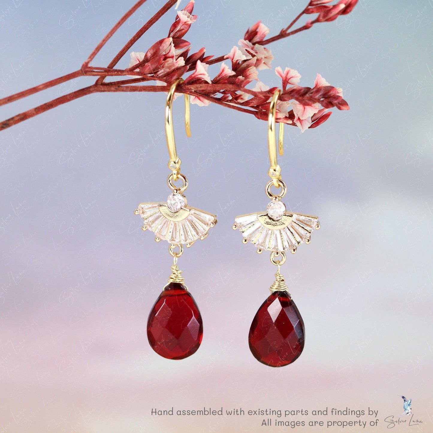 red garnet fan dangle drop earrings