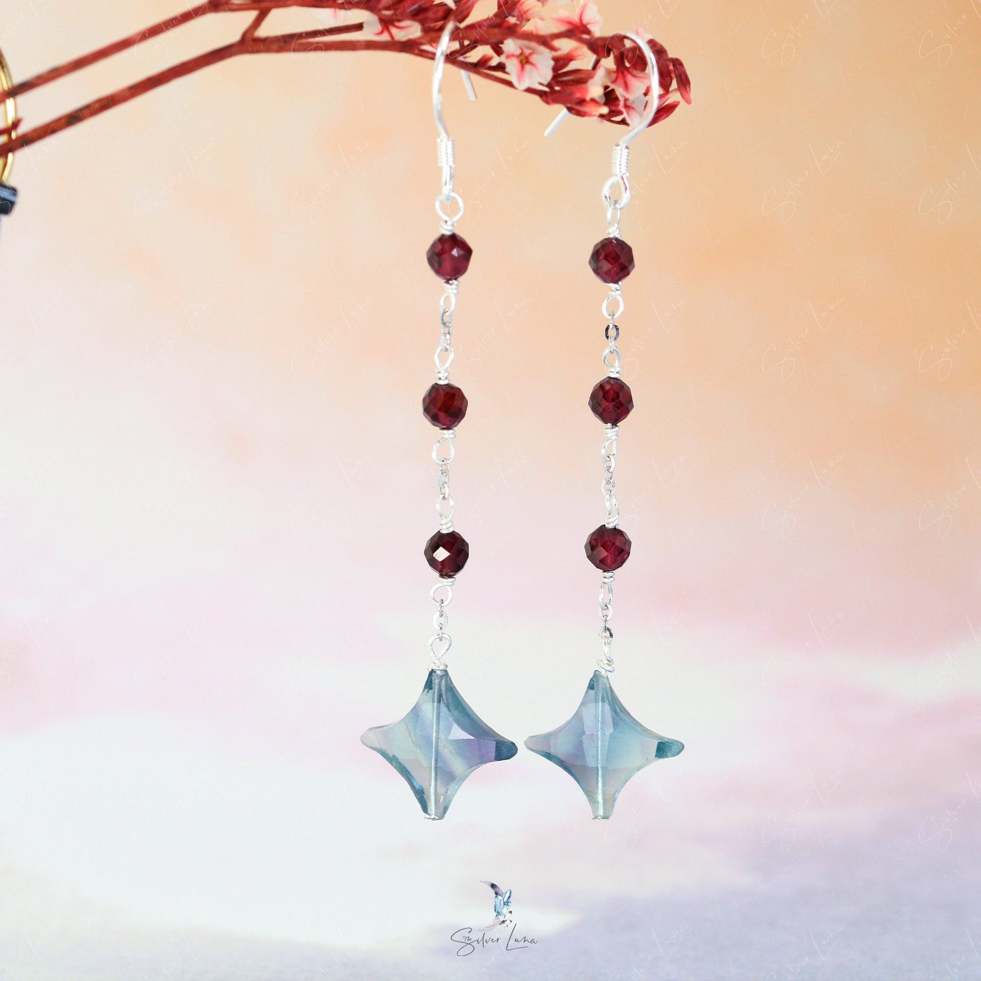 fluorite star natural stone cascade drop earrings