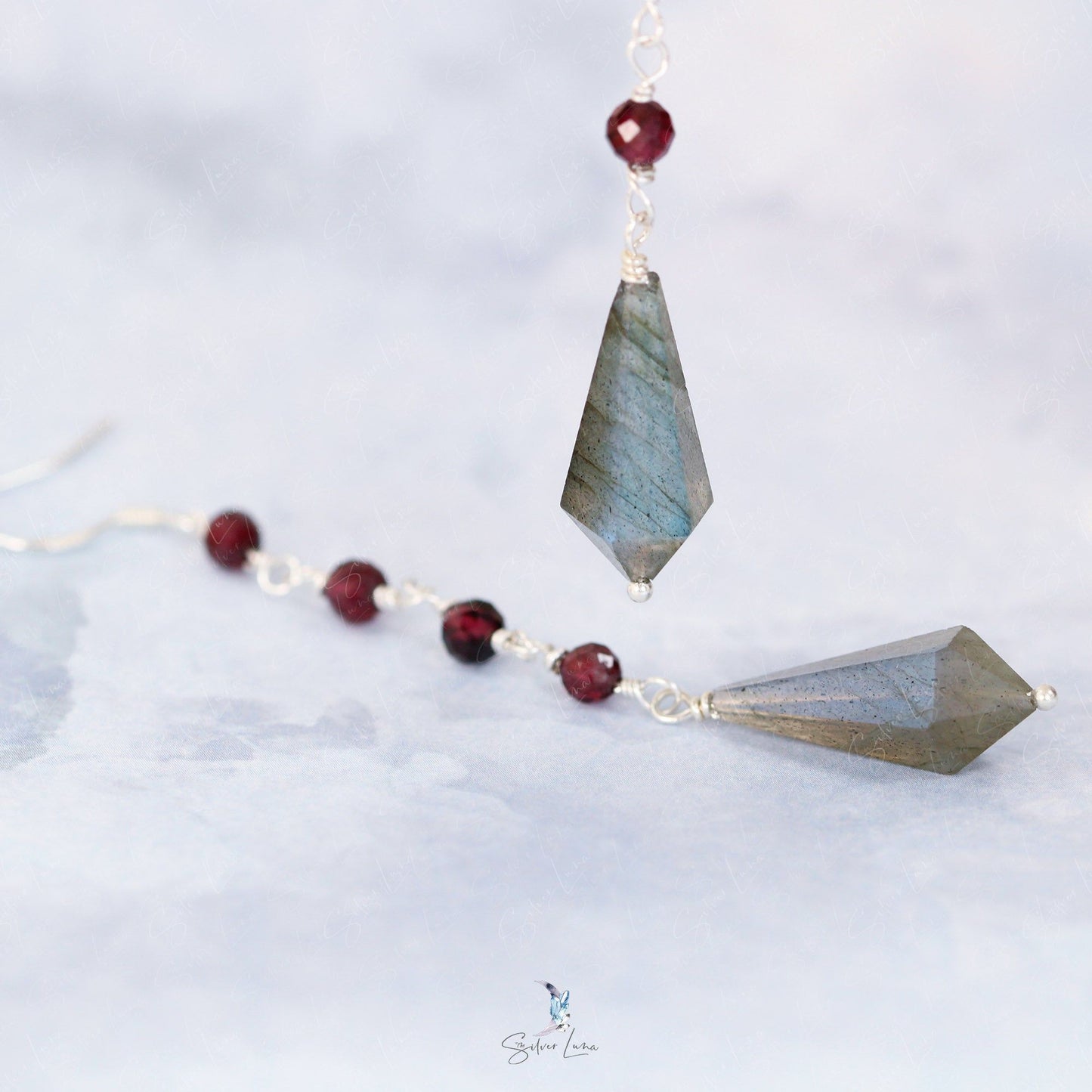 Diamond shape Labradorite and red garnet handmade earrings