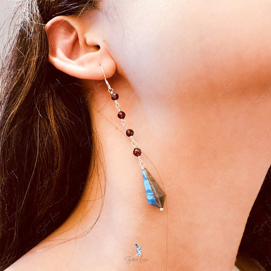 Pyramid labradorite red garnet earrings