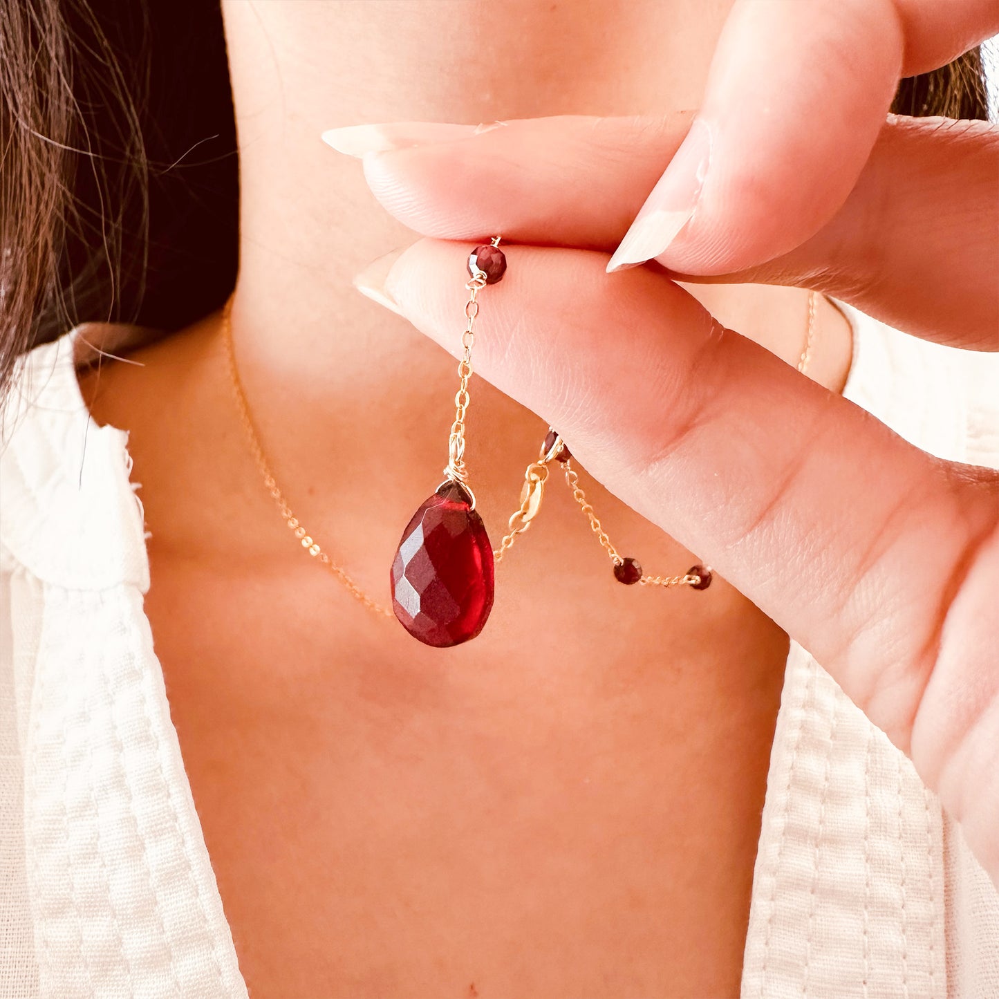 teardrop red garnet lariat necklace