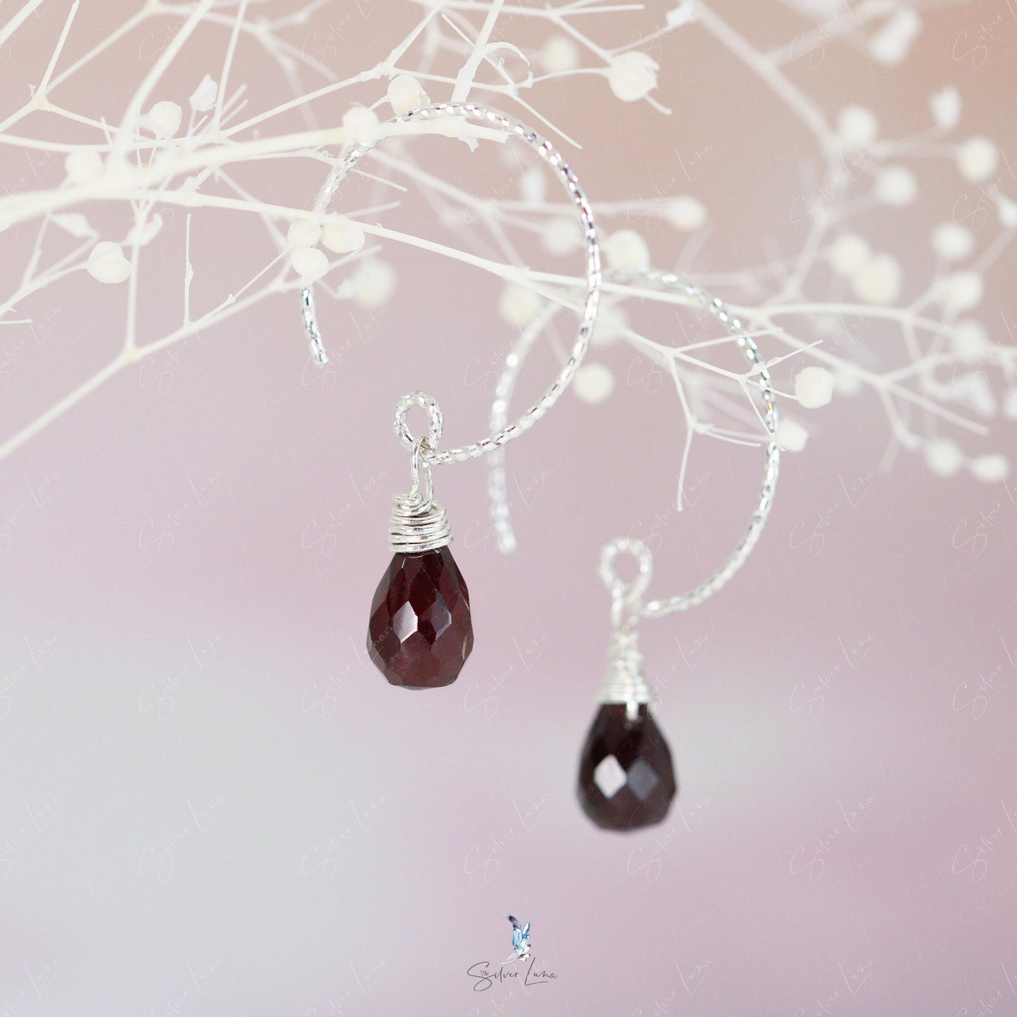 teardrop red garnet silver earrings