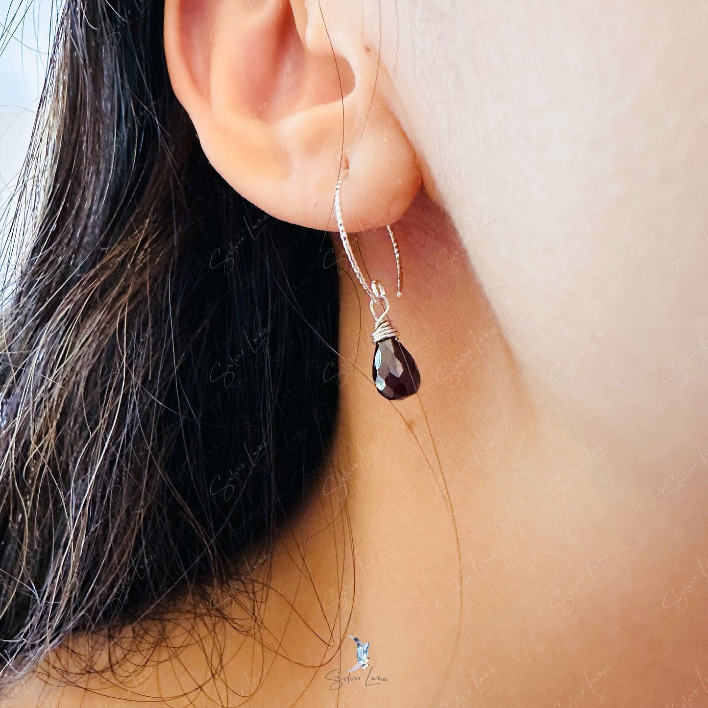 Teardrop red garnet sterling silver earrings