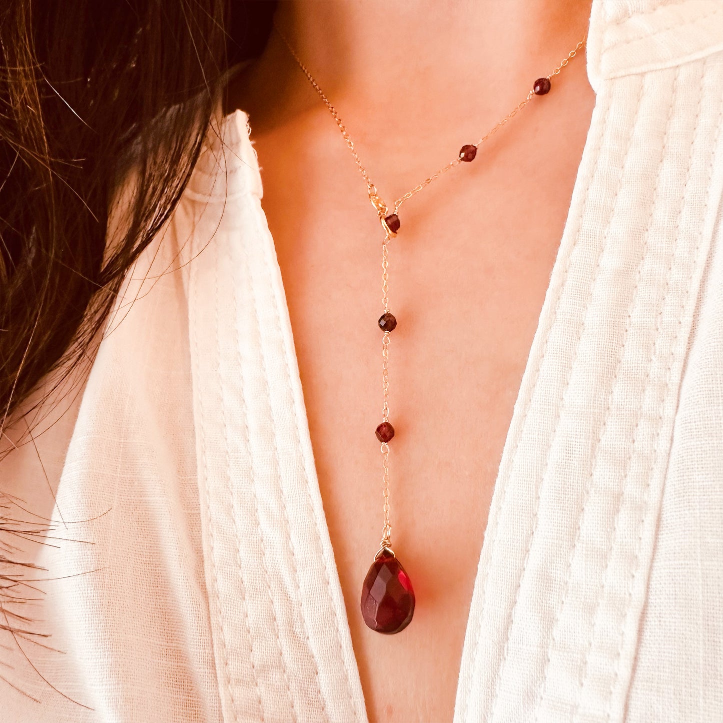 teardrop red garnet lariat necklace