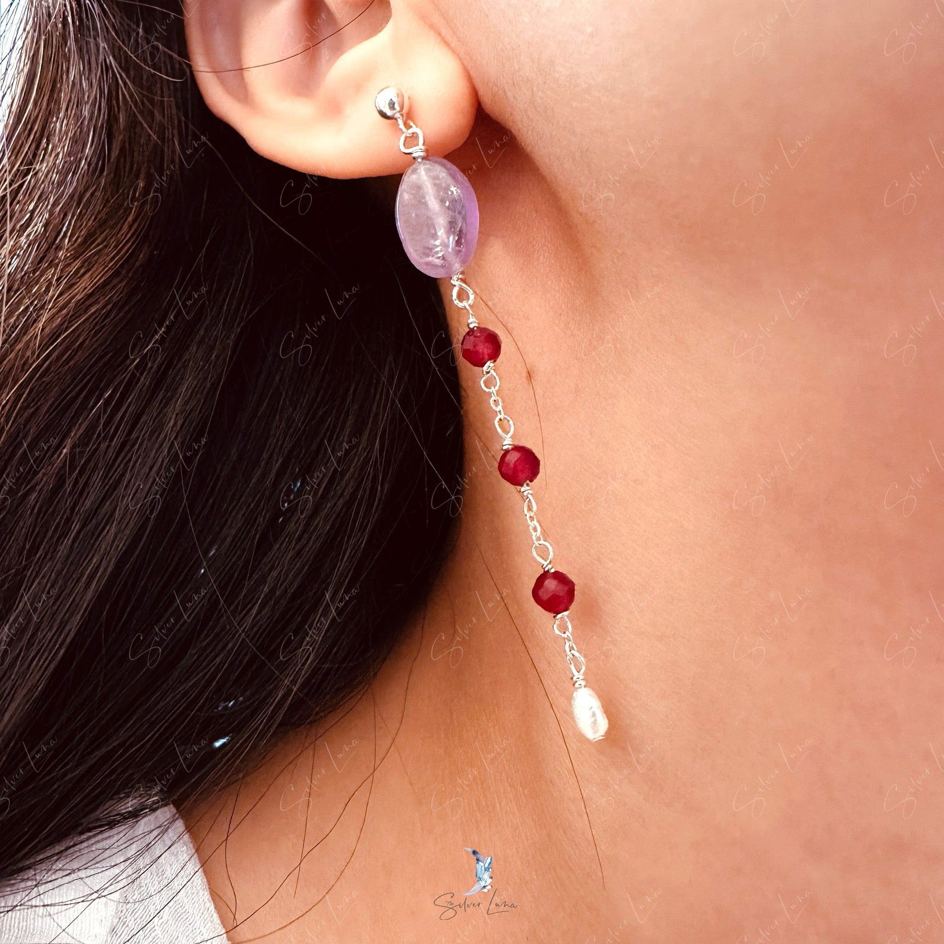 red ruby and quartz cascade pearl earrings