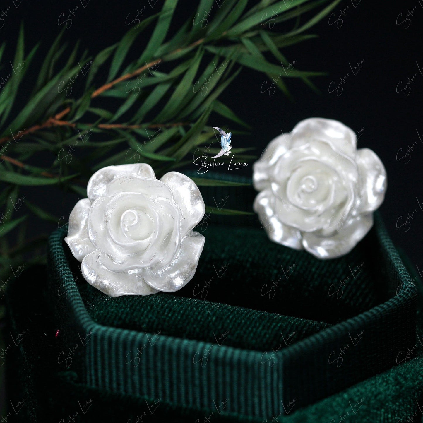 white rose flower stud earrings