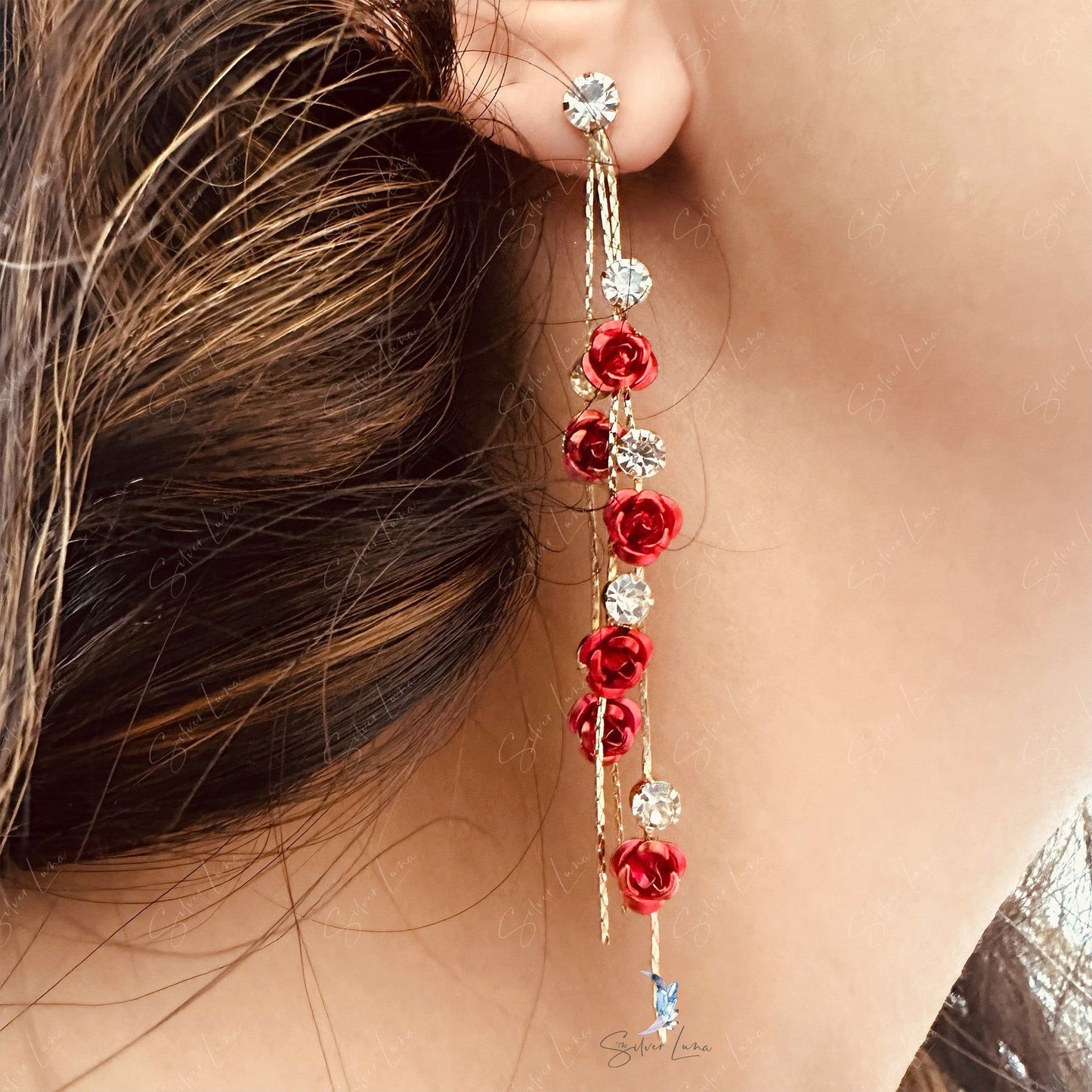 Rose flowers dangle drop earrings