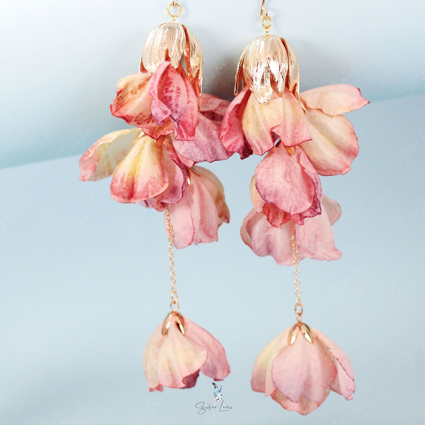 Gold plated fabric flower long drop fashion earrings