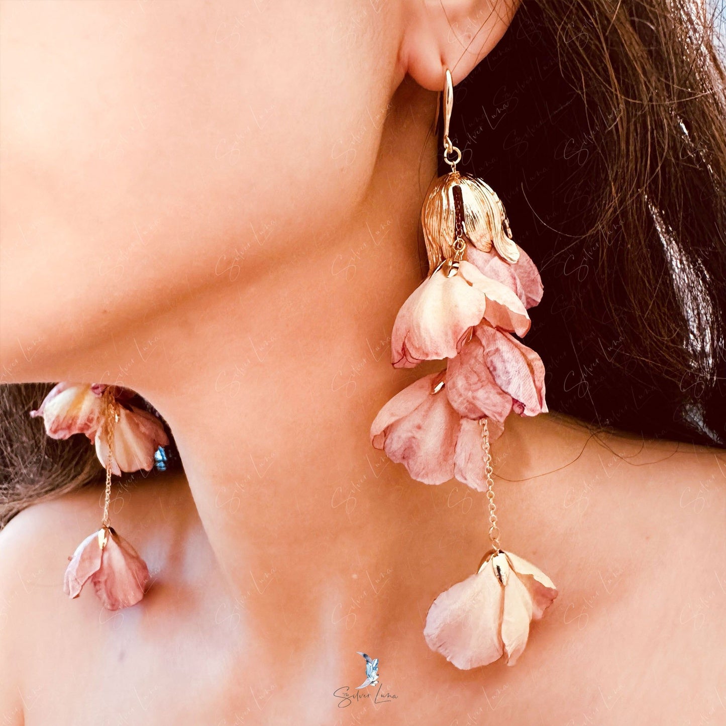 Gold plated fabric flower long drop fashion earrings