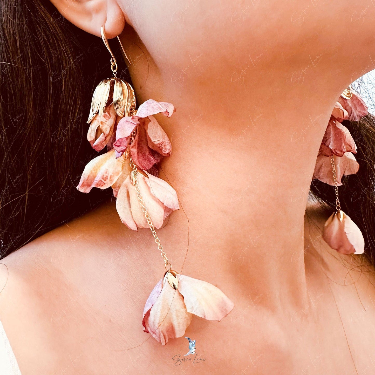 Gold plated fabric flower long drop fashion earrings