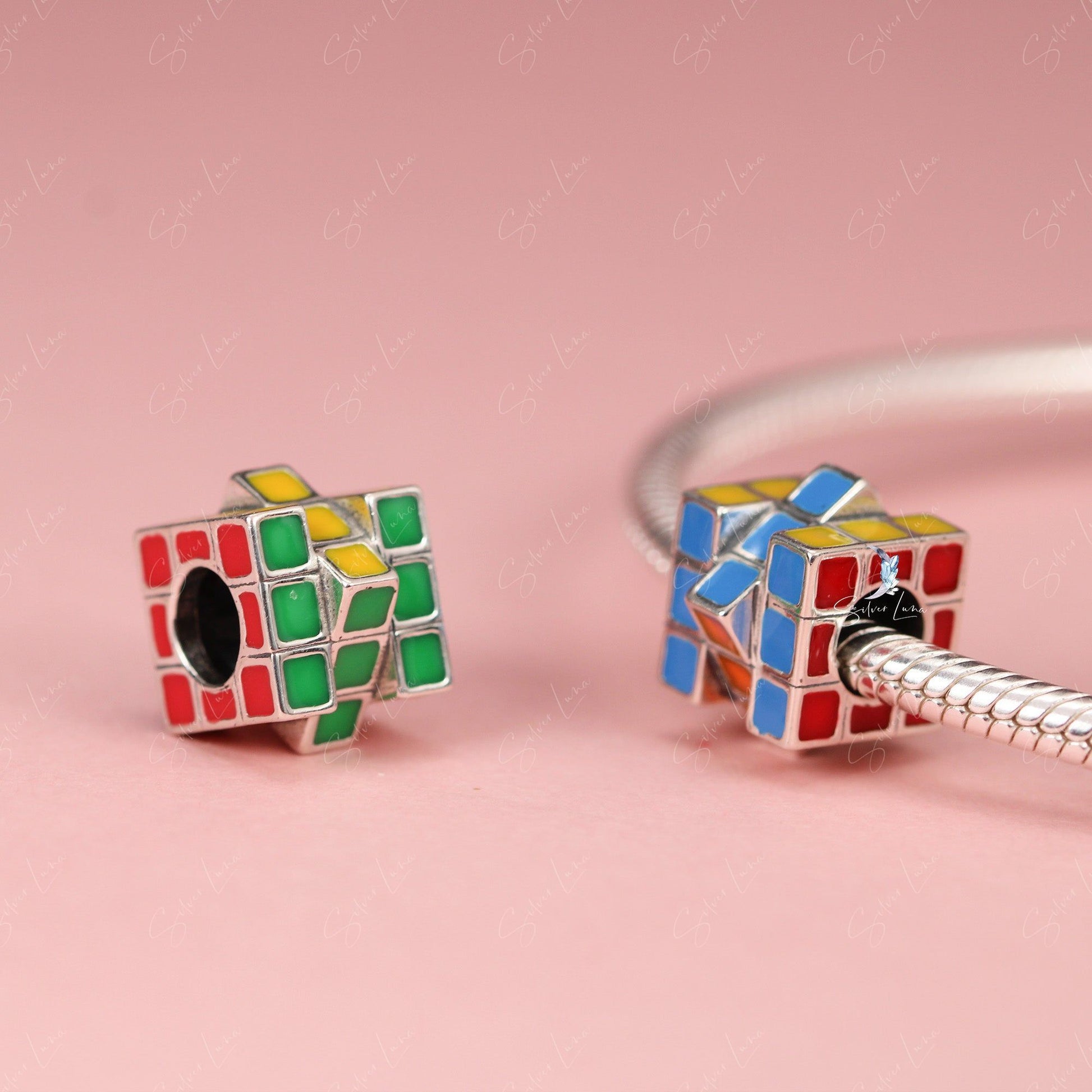 Rubik cube sterling silver bead charm