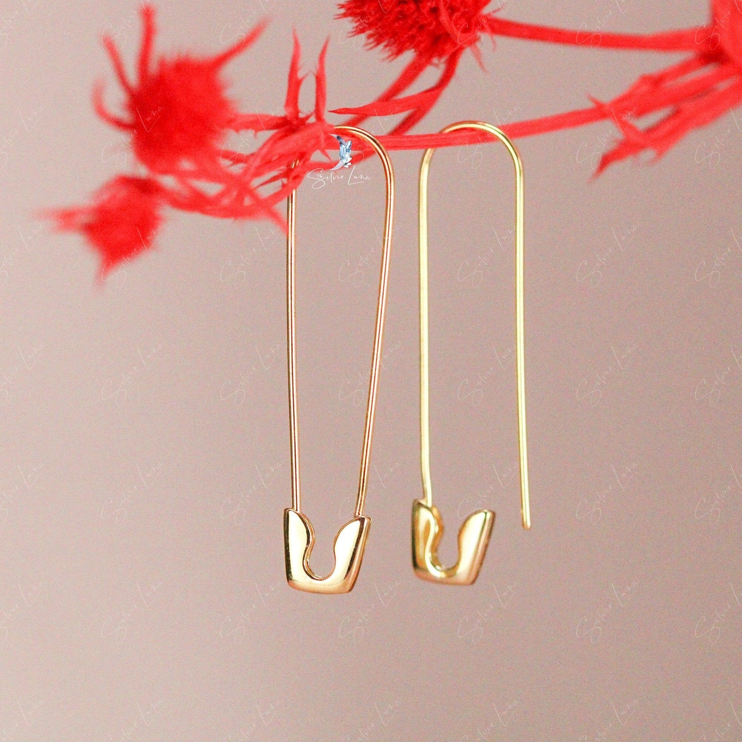 Safety pin dangle drop sterling silver earrings